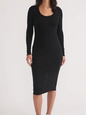 Marine Layer Black Rib Knit Midi Dress XL Long Sleeve Scoop Neck Tencel  Stretch